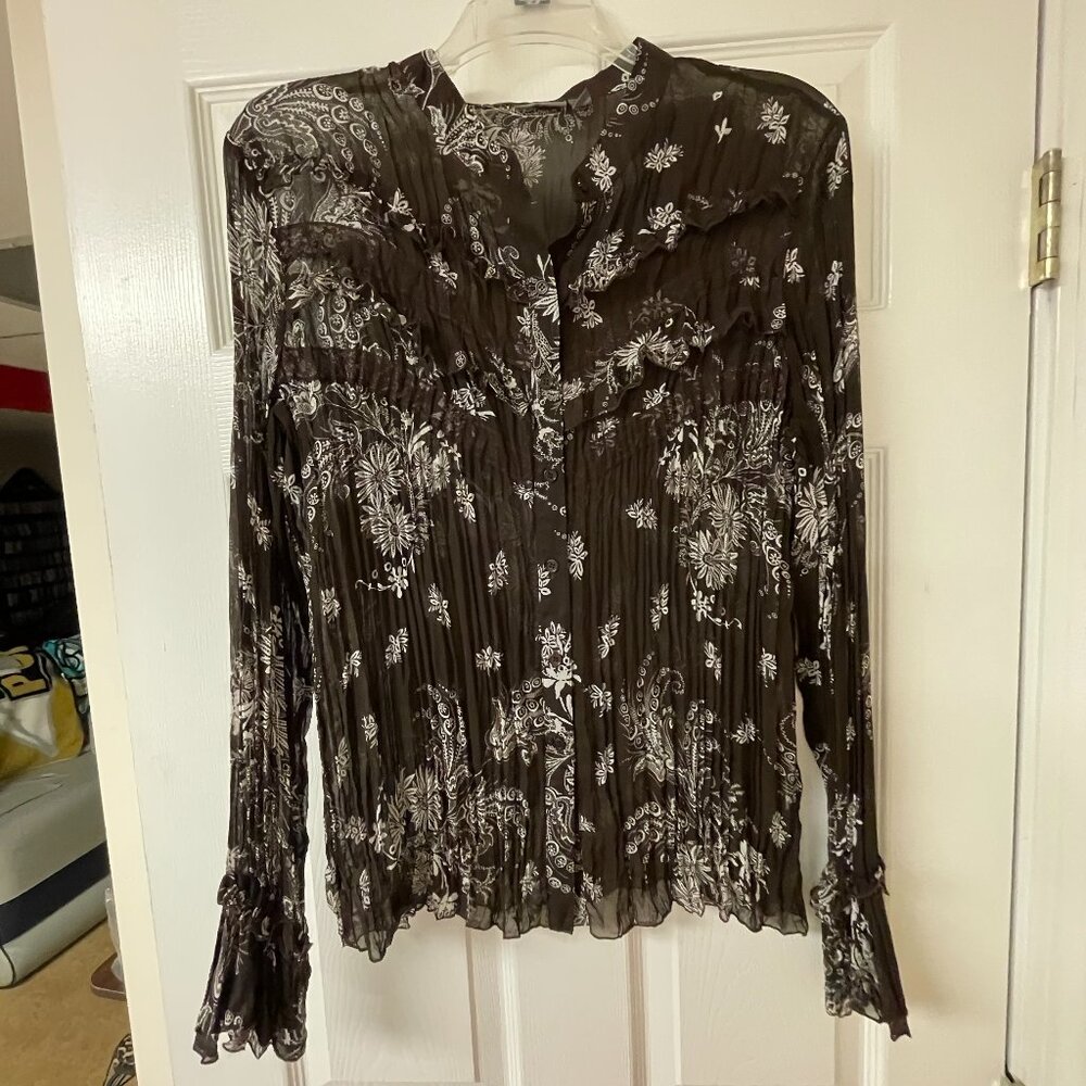 Apt 9 Chiffon Mandarin Collar Micro-pleated Button Down Top Bell Sleeves - XL